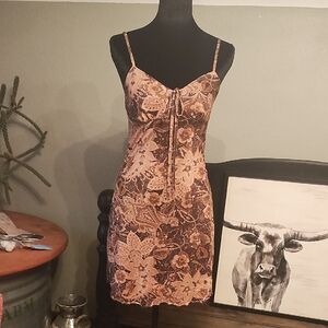 Floral Paisley Spaghetti Strap Slip Dress - Pink Brown